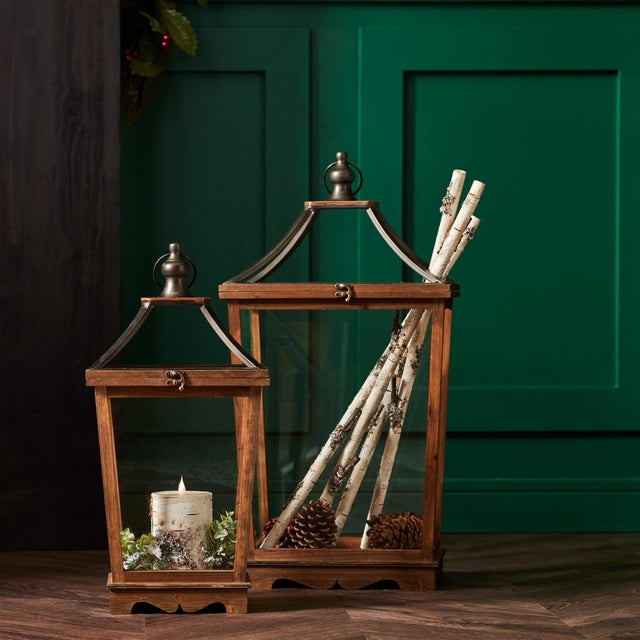 Wood Natural Wooden Lantern with Open Top (Set of 2) For Sale - Image 7 of 7