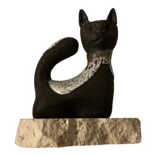 Vintage Studio Art Pottery Cat Kitten Signed Maigon Daga Sculpture Granite Base For Sale