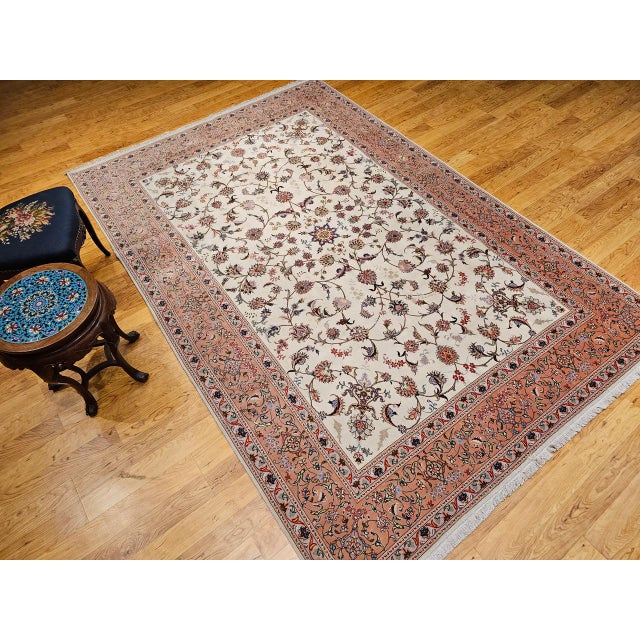 Vintage Tabriz Rug, Hand-Knotted Wool & Silk, Allover Floral Pattern, Ivory & Pale Red, 7x10 For Sale - Image 9 of 18