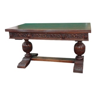 Vintage Elizabethan Stylely Carved Trestle Writing Desk Refectory Table For Sale