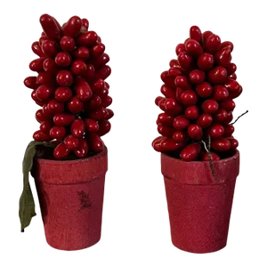 Antique Early 20th Century German Christmas Ornaments Paint Decorated Red Holly Berry Topiary Trees in Carved Wood Pots - a Pair