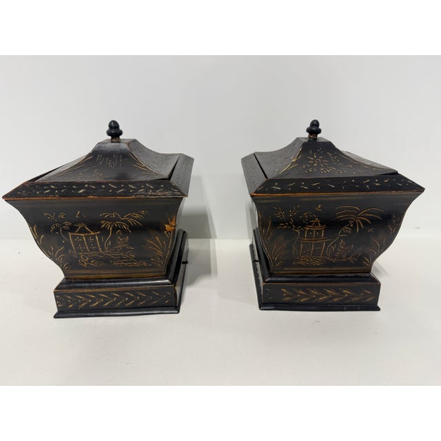 Pair, Japanned Chinoiserie Tea Caddies W/ Sifter Drawers, English C. 1830 For Sale - Image 11 of 12