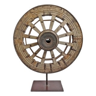 Antique Rustic Farmhouse Ox Cart Wheel on Stand For Sale