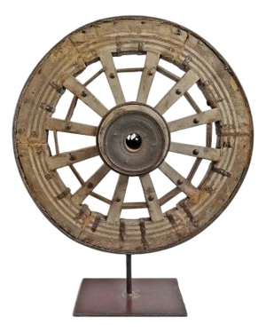 Antique Rustic Farmhouse Ox Cart Wheel on Stand