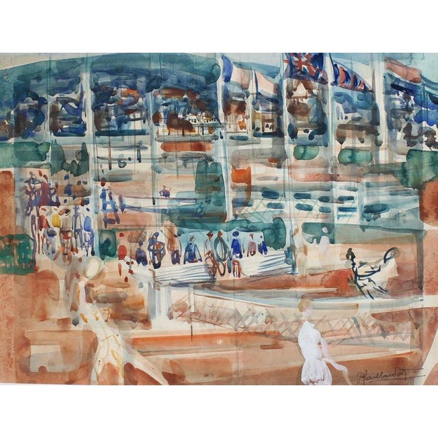 Tennis match on clay', watercolour on paper by pierre gaillardot (circa 1970s-80s). A lively and atmospheric watercolour...