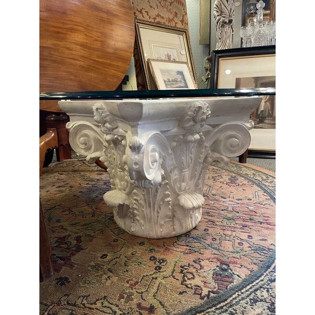 Clear Coated White Plaster Corinthian Column Bevelled Glass Top Coffee Table. Excellent condition with only minor wear to...