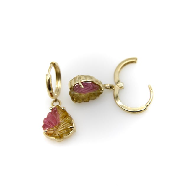 14k Gold Hand-Carved Watermelon Tourmaline Leaf Huggie Earrings, A Pair For Sale - Image 4 of 8