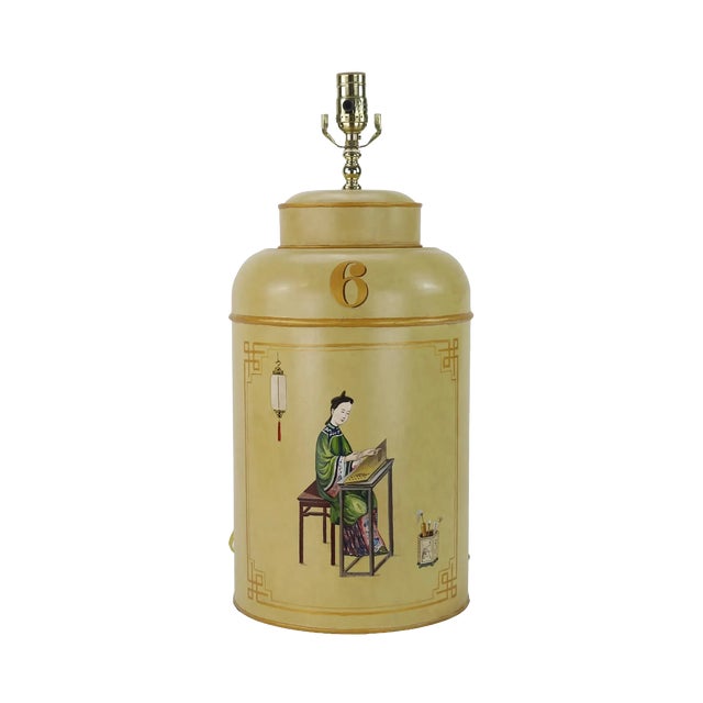 A Pair 1990s British Chinoiserie Hand-Painted Tin Tea Canister Table Lamps For Sale - Image 4 of 11