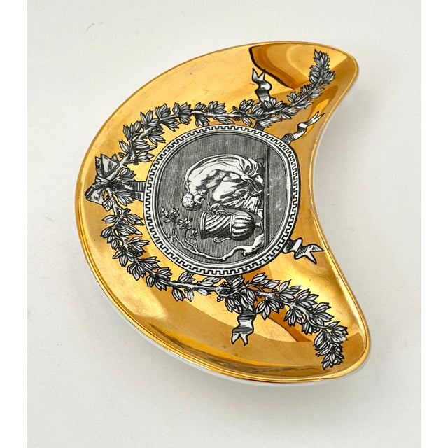 Single Medaglioni Piero Fornasetti Gilt Porcelain Cresent Shaped Catchall Tray For Sale - Image 9 of 12