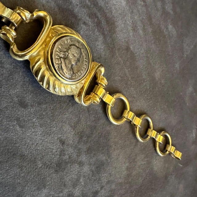 Metal 1990s Bulgari Inspired Neo Classical Brass Italian Coin Bracelet For Sale - Image 7 of 10