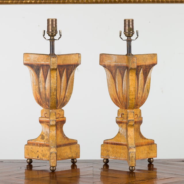 Brown Mid 20th Century Italian Midcentury Painted and Carved Table Lamps with Stylized Foliage - a Pair For Sale - Image 8 of 12