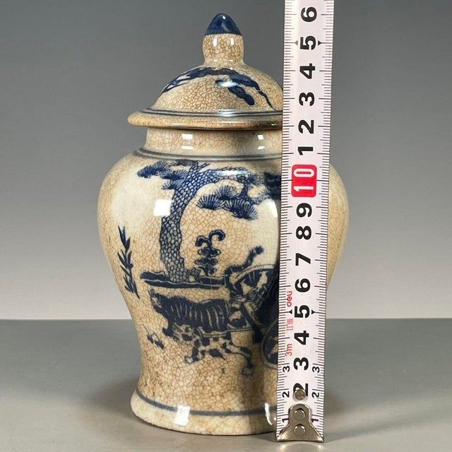 Chinese Blue & White Crackle Glaze Porcelain Covered Jar With Figural Scene For Sale - Image 4 of 9