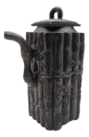 Vintage Chinese Bamboo-Form Cast Metal Teapot Sculpture With Relief Motifs (7.5")