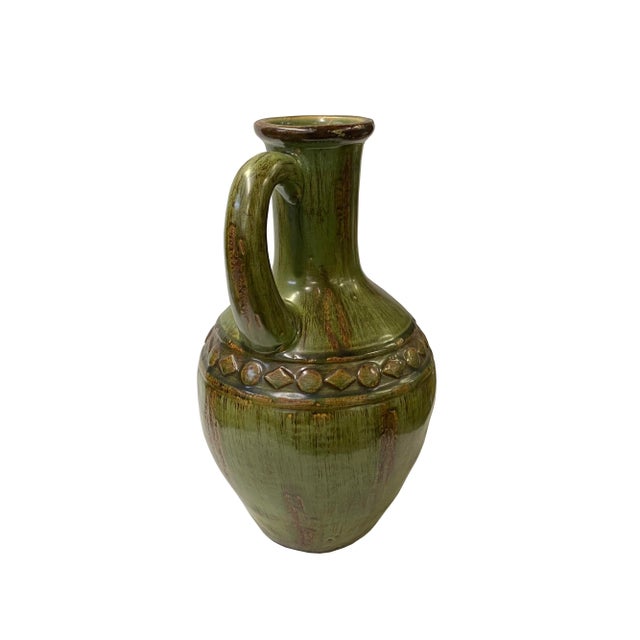 Art Deco Brown Olive Green Ceramic Geometric Pattern Jar Shape Vase For Sale - Image 3 of 6