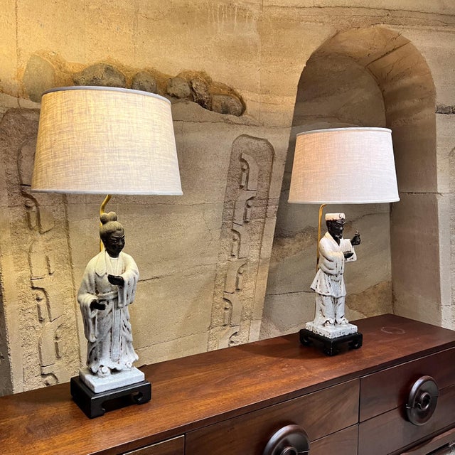 For your consideration, a pair of asian figural table lamps by Marcello Fantoni. Italian glazed ceramic with enamel finish...