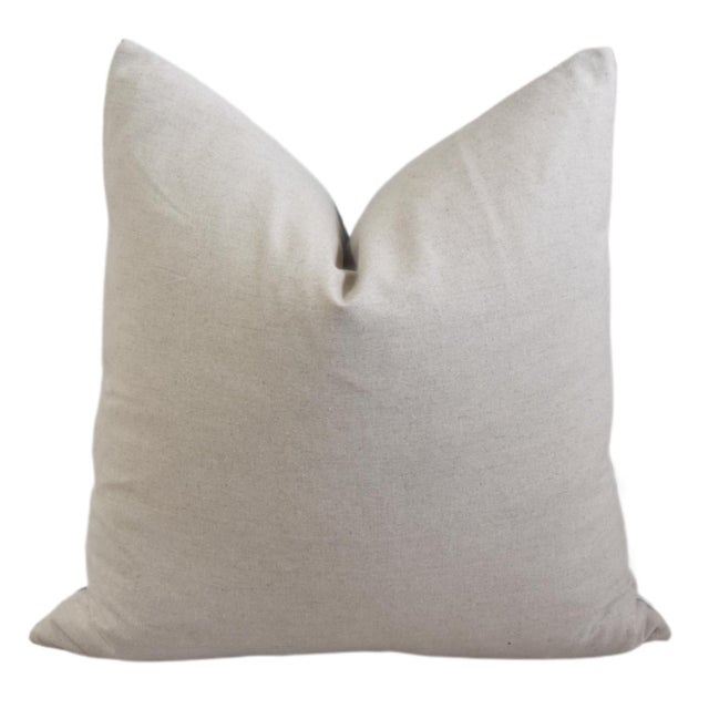 2020s French Blue and Cream Appliqué Cross Wool & Linen Feather/Down Pillow For Sale - Image 5 of 6