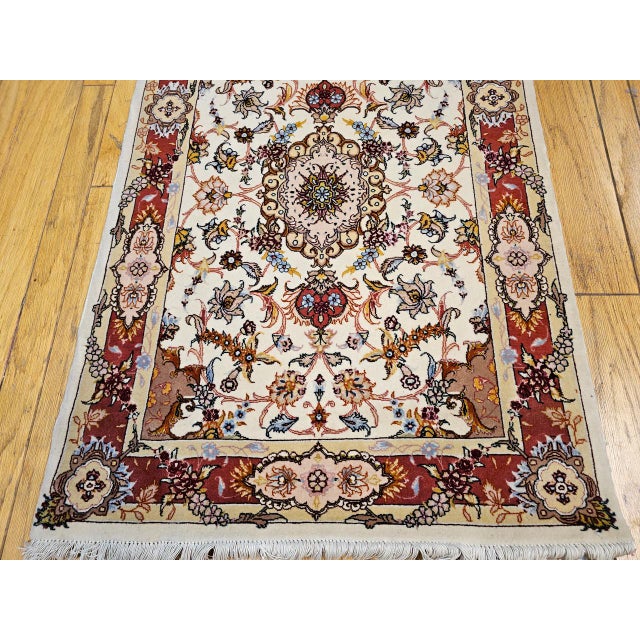 Vintage Tabriz Runner, Fine Hand-Knotted Wool & Silk, Floral Design, Ivory & Red, 3x11 For Sale - Image 12 of 16