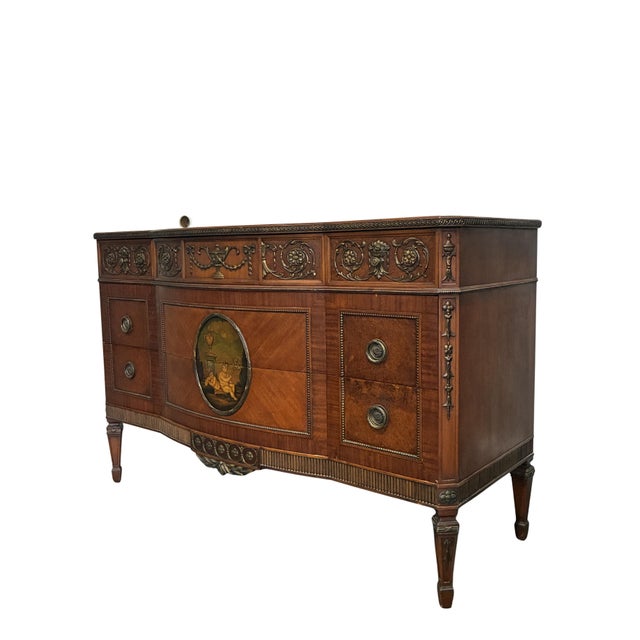 Early 20th Century Neoclassical Mahogany Sideboard With Hand-Painted Oval Medallion & Bronze Ormolu For Sale In Charlotte - Image 6 of 12