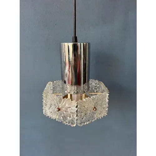 Mid-Century Crystal Glass Hanging Lamp with Chrome Frame For Sale - Image 6 of 11