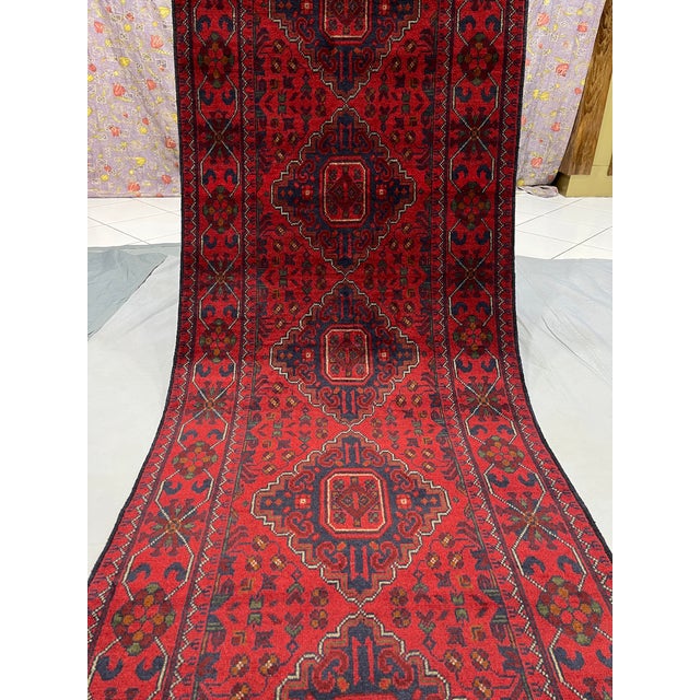 Long Red and Navy Tribal Medallion Runner Rug, 2'7" X 18'5" For Sale - Image 4 of 15