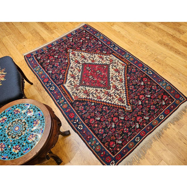 Navy Blue Vintage Senneh Kilim Rug, Handwoven Wool & Cotton, Medallion Pattern, Navy & Ivory, 4x6 For Sale - Image 8 of 16