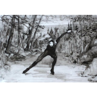 Night Speed Skating by Linda Tracey Brandon | Carbon pencil and mixed media of a speed skater in motion For Sale