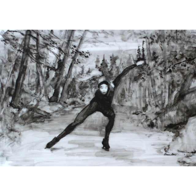 Night Speed Skating by Linda Tracey Brandon | Carbon pencil and mixed media of a speed skater in motion For Sale