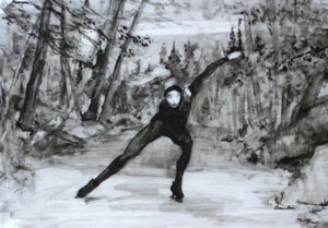 Night Speed Skating by Linda Tracey Brandon | Carbon pencil and mixed media of a speed skater in motion