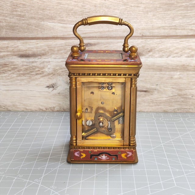 Art Deco Miniature French Carriage Clock With Champleve (Cloisonné Enamel) Enamel Antique Brass Clock Made in France For Sale - Image 3 of 10