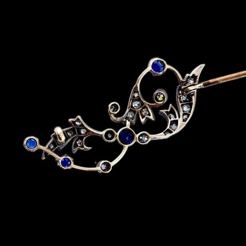 Antique Victorian 9 Karat Gold, Sapphire and Diamond Brooch with Foliate Motif, 1880s For Sale - Image 10 of 18