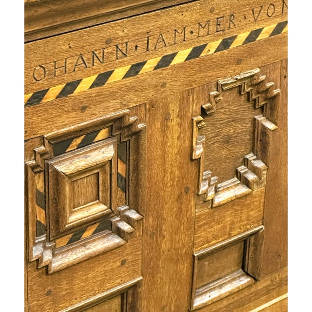 160cm wide x 63cm deep x 80cm wide An exceptionally rare and beautifully preserved German oak travel trunk dated 1737,...