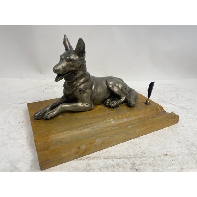 Metal Antique Marble Pen Holder with Sculpture of a Dog, 1920s For Sale - Image 7 of 7