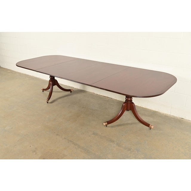Baker Furniture Style Georgian Banded Mahogany Double Pedestal Extension Dining Table, Newly Refinished For Sale - Image 14 of 14