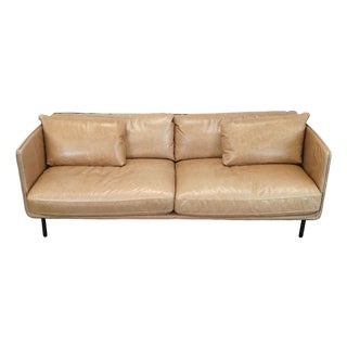Crate & Barrel Wells 3-Seat Tan Leather Sofa – Modern and Comfortable For Sale