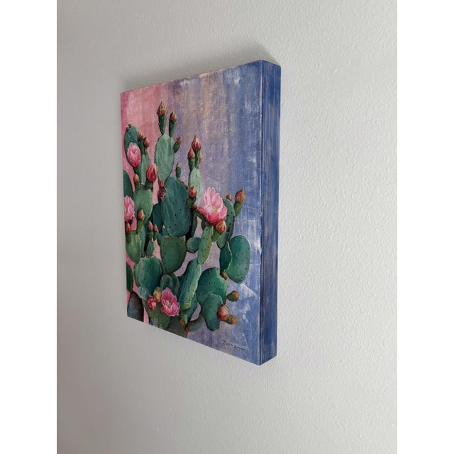 Prickly Pear in Flower by Terra Novak | Oil on wood Cactus with pink flowers and buds For Sale - Image 4 of 5
