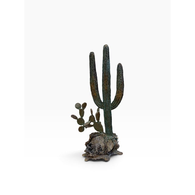 Metal 1980s Monumental 42" Martin Borja Brutalist Bronze Saguaro & Prickly Pear Cactus on Smoky Quartz Base For Sale - Image 7 of 9