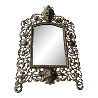 Antique Gilded Cast Iron Cherub and Lion Heads, Victorian French Style Ornate Vanity Table Mirror From Late 19th Century For Sale