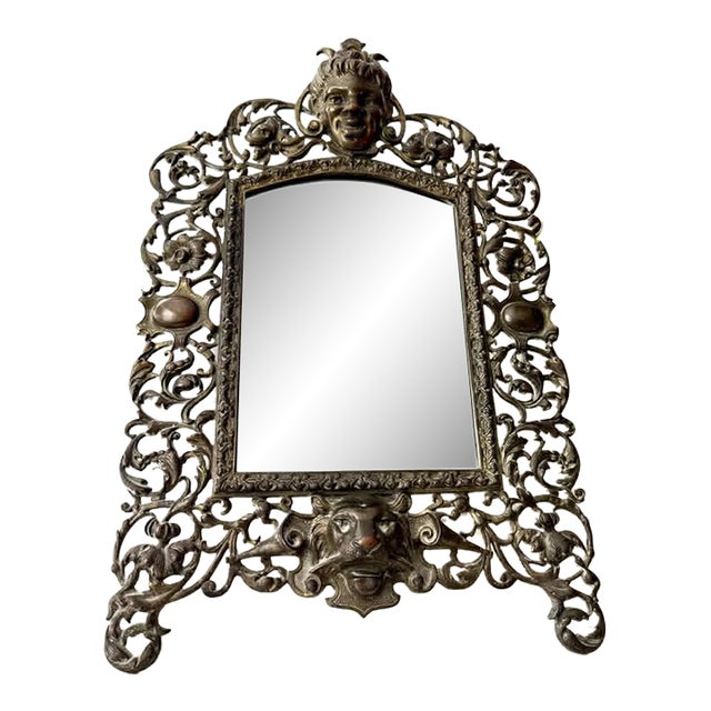 Antique Gilded Cast Iron Cherub and Lion Heads, Victorian French Style Ornate Vanity Table Mirror From Late 19th Century For Sale
