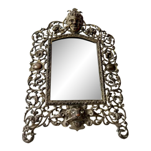 Antique Gilded Cast Iron Cherub and Lion Heads, Victorian French Style Ornate Vanity Table Mirror From Late 19th Century