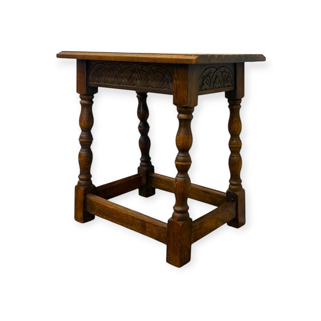 1970s Antique Welsh Carved Wooden Joint Stool Side Table With Turned Legs Uk Import For Sale - Image 5 of 8