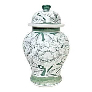 Vintage Chinoiserie Sage Green White Lotus Flower Lidded Ginger Jar
