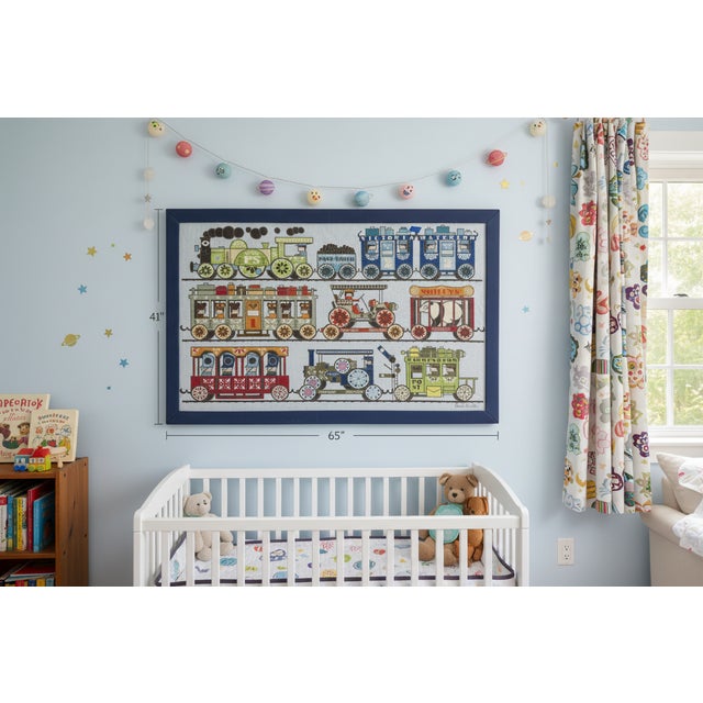 Rare Large Paul Smith "Trains" Needlepoint Wall Art — 65" Wide, Framed & Signed For Sale In Boston - Image 6 of 16