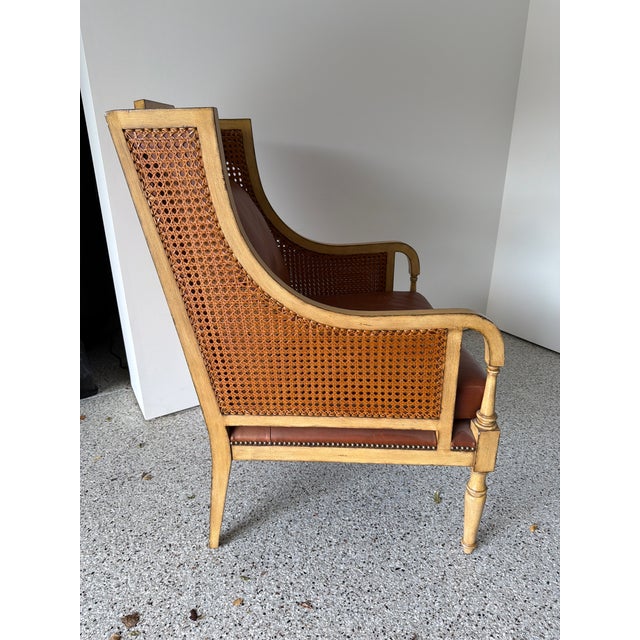 French Late 20th Century French Cane Bergère Wingback Chairs in Cognac Leather – Set of 4 For Sale - Image 3 of 5