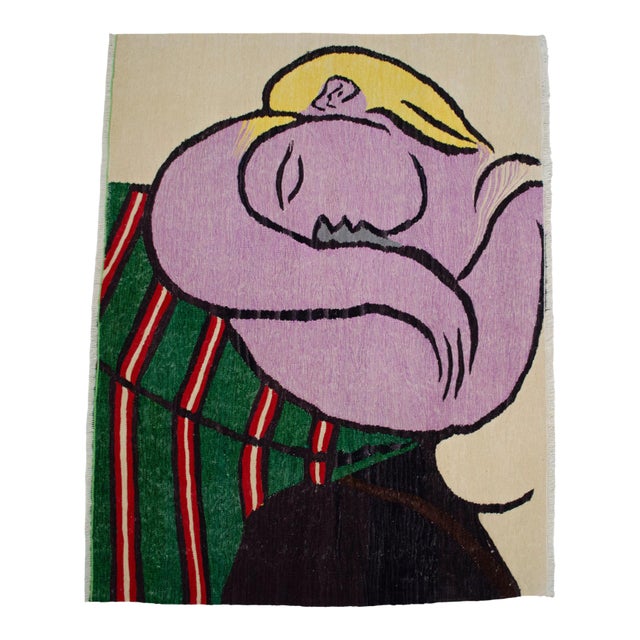 Pablo Picasso - Woman With Yellow Hair - Inspired Hand Woven Area Rug - Wall Rug , Wool 3′9″ × 5′ For Sale