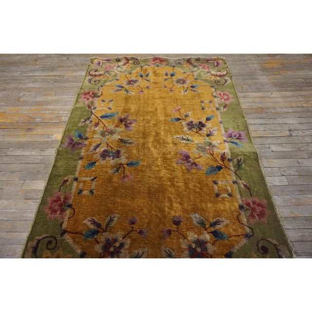 1920s Chinese Art Deco Carpet ( 4' x 6'6'' - 122 x 198 ) Antique Floral Medallion Wool Hand Knotted Pile Yellow / Gold...