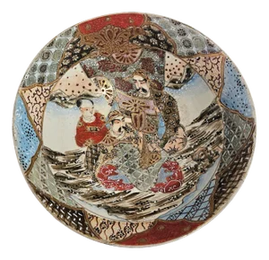 Antique Meiji-Period Japanese Satsuma Bowl by Yasuda Co, Kyoto – Scholars & Gilt Detail, Minor Rim Chip, 9.75”