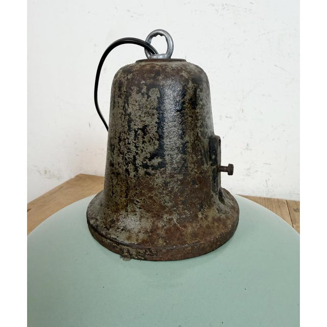 Industrial Petrol Enamel Factory Lamp with Cast Iron Top, 1960s For Sale - Image 12 of 18