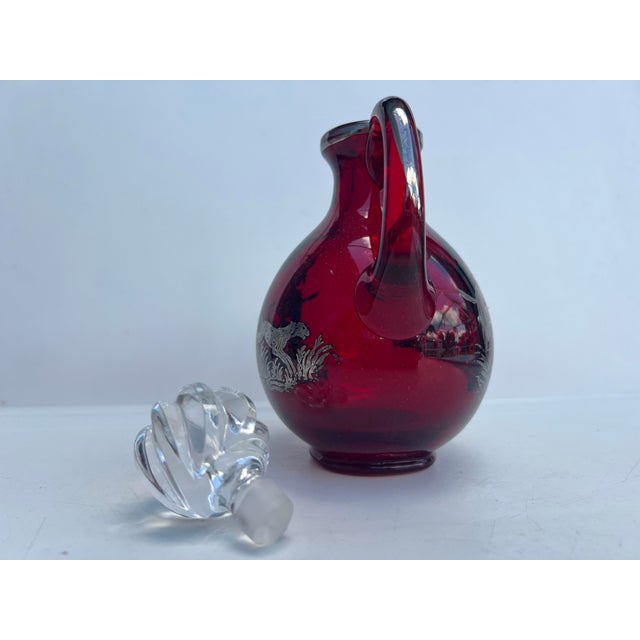 Antique Ruby Red Glass Cordial Decanter & Tumbers Set With Sterling Silver Hunt Scene For Sale - Image 9 of 10