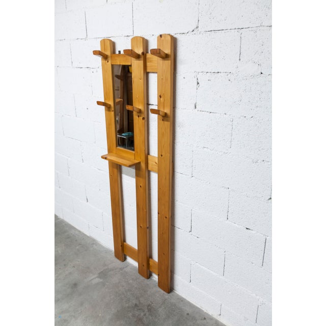 Wood Vintage Wall-Mounted Coat Rack in Pine with Mirror, 1970 For Sale - Image 7 of 17