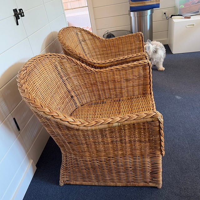 Coastal Pair of Vintage Woven Rattan/wicker Barrel-style Accent Chairs For Sale - Image 3 of 12